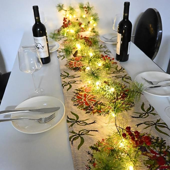 Christmas Garland with LED Fairy Lights Battery Operated Smokey Pine Garlands with 8 Flash Modes and Timer Red Berries Bells Pine Cones Green Garland Rustic Garlands for Xmas Holiday Home