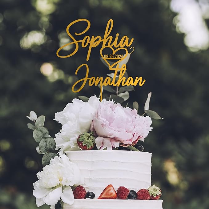 Noni Luxury Personalized Wedding Cake Topper with date and heart, Custom Couples Script Cake Topper for Weddings, Mr and Mrs Cake Toppers for Wedding, Custom Cake topper, Rustic Cake Topper