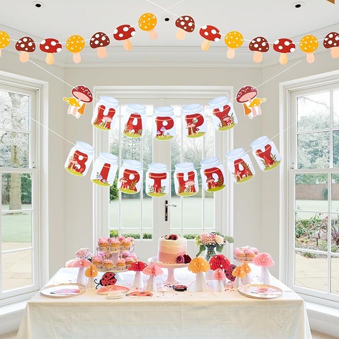 SUNBEAUTY Mushroom Birthday Banner - Mushroom & Fairy Party Decorations | Pre-Strung