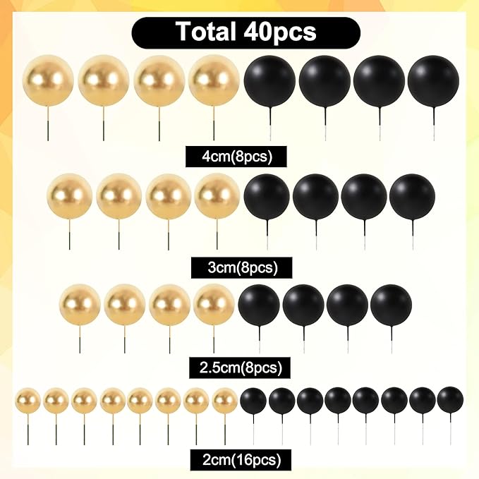 BEISHIDA 40 Pcs Ball Cake Toppers Mini Balls Cake Decorations Black Gold Foam Balls Sticks DIY Cake Topper for Baking Congrats Grade 2025 Graduation Birthday Retirement Party Decorations (Black Gold)