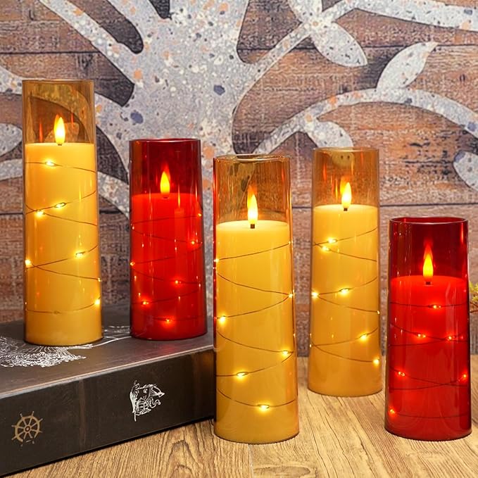 Flameless Candles with Embedded Star String, Battery Operated LED Pillar Candles with Timer and Remote Control,Home Decorating for Ambiance, Set of 7 (Red)