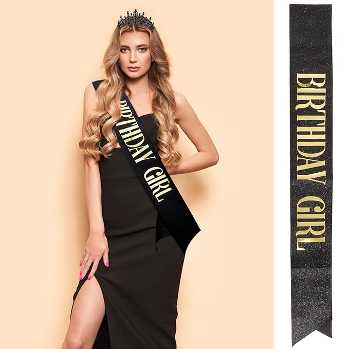 Velscrun Black Crystal Birthday Tiara Crowns for Women Girls Princess Crown with Combs Birthday Girl Headband Sash Happy Birth Party Decorations Birth Gift Cake Topper Hair Accessories