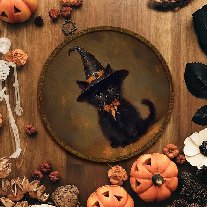 Funny Halloween Black Cat Round Wall Art,Gothic Canvas Print Wall Hanging Decor, Spooky Farmhouse Vintage Round Wall Art for Bedroom Living Room Entryway, Rustic Cat Gothic Wall Decor,Gift for Halloween(Black-Cat)