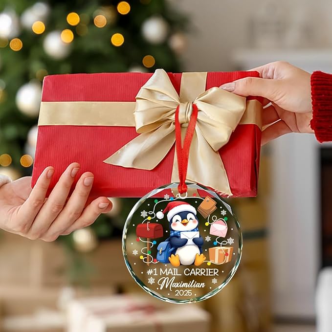 Personalized #1 Mail Carrier Christmas Glass Ornament, Best Mail Carrier Ever Ornament for Xmas Tree Decor, Custom Name Mailman Penguin Ornaments Xmas 2025, Postal Worker Christmas Keepsake Gift