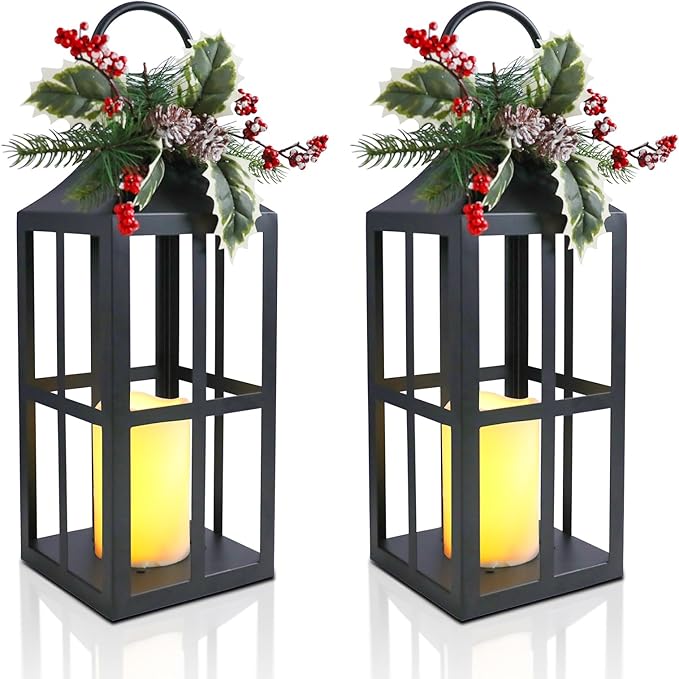Christmas Lanterns Decorative Indoor Outdoor, 2 Pack Black Christmas Lantern, 18 Inch Timer Decorative Candle Lanterns Flameless Light with Pine Cones and Needles for Home, Party, Farmhouse Decor