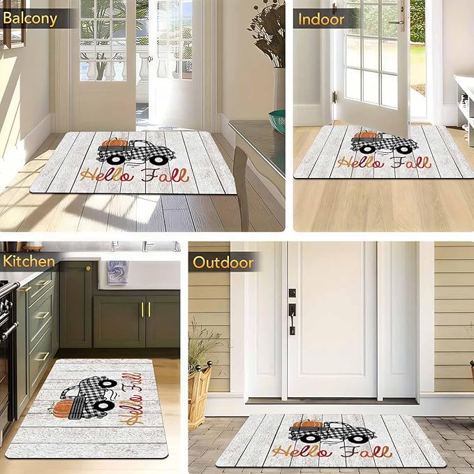 Fall Door Mat Fall Welcome Mat for Front Door, Autumn Pumpkins with Truck Black and White Buffalo Plaid Seasonal Non Slip Doormat for Entrance Entryway Outside, 24"x16"inch