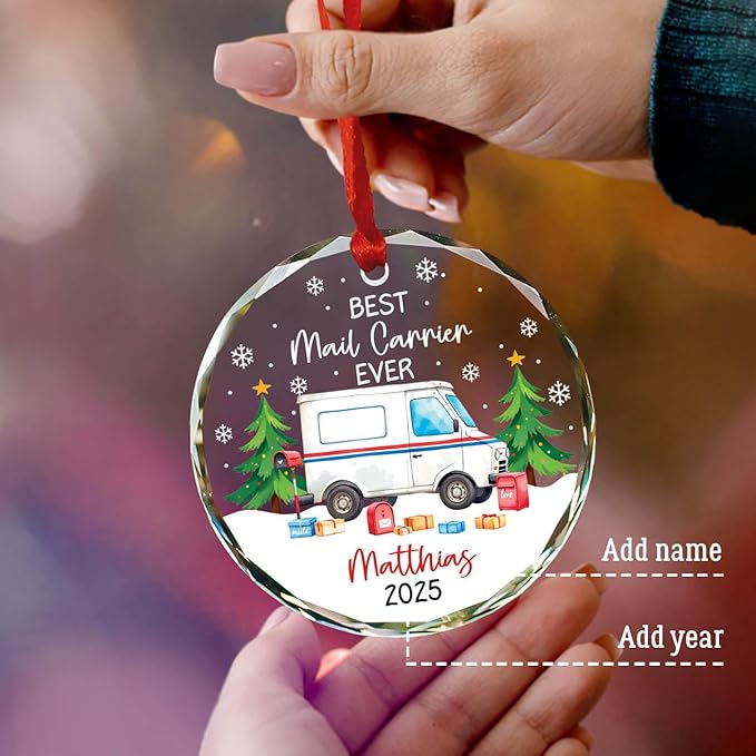 Best Mail Carrier Ever Christmas Ornament, Personalized Postal Worker Appreciation Glass Ornament, Mail Truck Christmas Tree Decorations for Mailman Postman, Custom Name & Year Mailman Ornaments Xmas