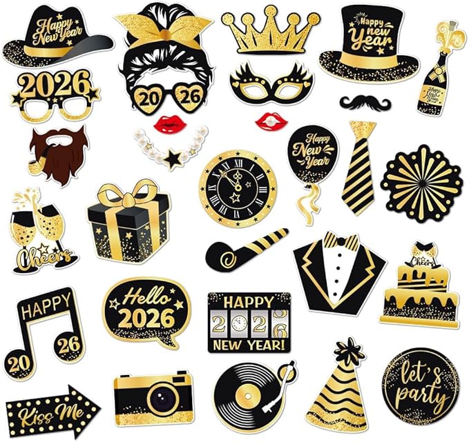 30 PCS New Year Photo Booth Props 2026 New Year Eve Photo Booth Props 2026 Happy New Year Decorations New Year’s Eve Party Supplies Favors for Pictures