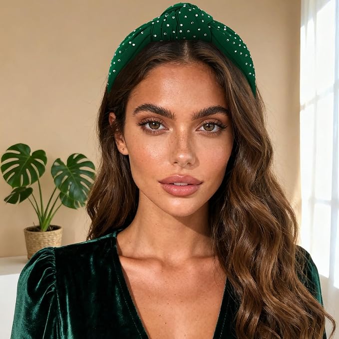 YISSION Green Rhinestone Knotted Headband for Women, Sparkly Crystal Embellished Hair Hoop, Elegant Wide Top Knot Hair Accessory for Party, Wedding, Daily Styling