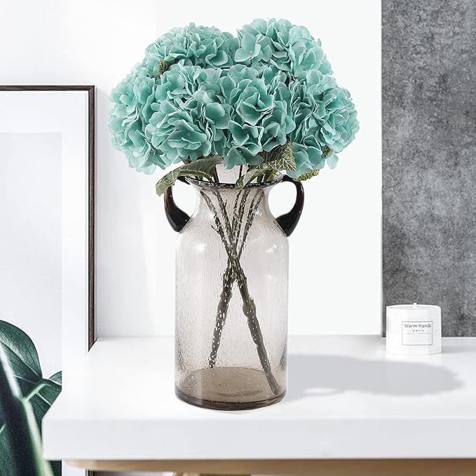 Kimura's Cabin Fake Flowers 2 Pcs Vintage Artificial Silk Hydrangea Flowers Bouquets 5 Heads for Home Table Centerpieces Wedding Party Decoration (Tiffany, Pack of 2)