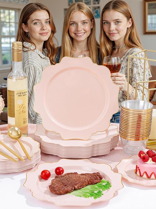 WDF 350Pcs Pink Plastic Plates - Pink and Gold Disposable Plates 50Guest Plastic Dinnerware for Baby Shower/Birthday/Wedding