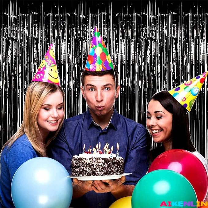 4 Pack Black Foil Fringe Curtain Backdrop, 3.2Ft x 9.8Ft Metallic Tinsel Foil Fringe Streamers Curtains for Party, Photo Booth Props, Birthday, Wedding, Christmas Party Decoration Supplies