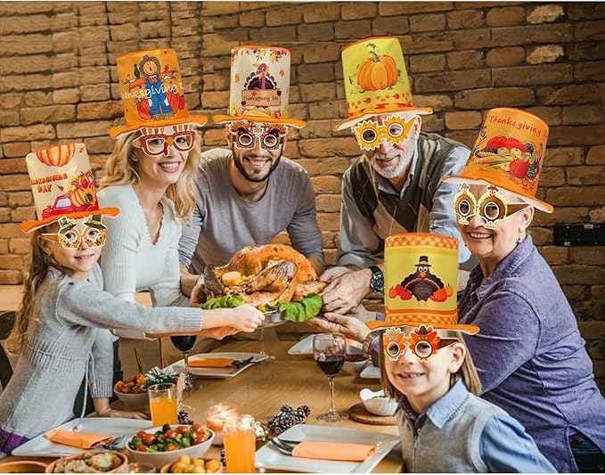 12 Pieces Thanksgiving Top Hats Turkey Hats Paper Eyeglasses Set for Thanksgiving Party Costume Accessories