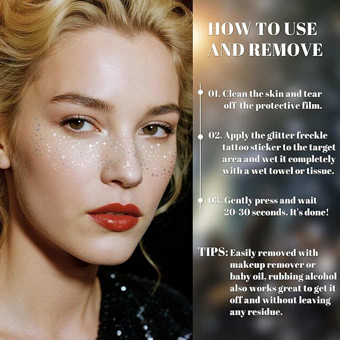 24pcs Glitter Freckles Face Tattoo - Silver Face Sparkle Freckles Temporary Tattoos for Women Girls, Waterproof & Long Lasting Freckles Makeup Patches for Party, Concerts, Daily Accessories