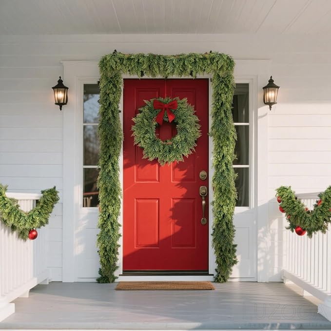 1 Pcs 6ft Real Touch Christmas Cedar Garland - Artificial Soft and Thickness Faux Green Full Cedar Pine Needles Garland for Fireplace Mantel, Table, Doorframe, Indoor Outdoor Xmas Holiday Decorations