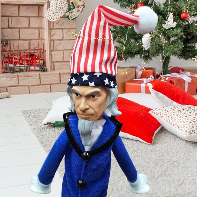 Uncle Patriotic Christmas Elf Decoration 35cm – Handmade Plush Americana Elf Ornament in Blue – Vintage Holiday Gnome Christmas Ornament for Tree, Party, Home & Garden Décor