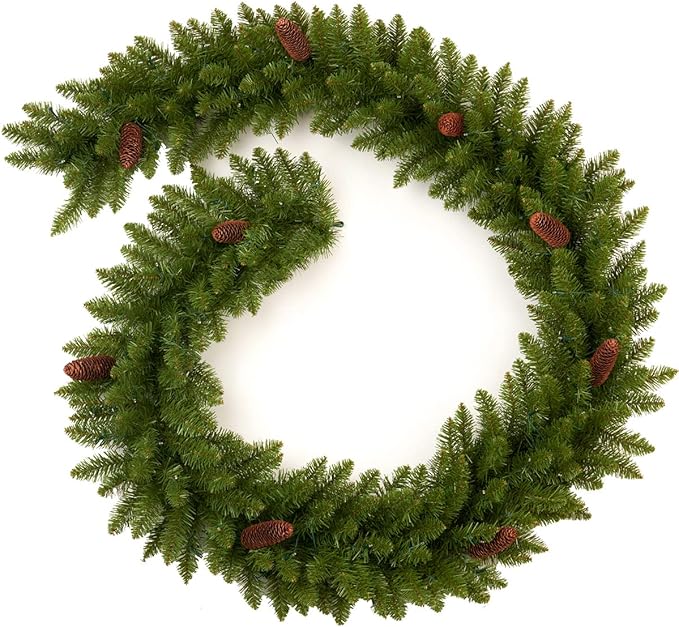 9Ft Pre-Lit Christmas Garland, Plug in, Green, 50 Clear Lights, Fireplace Stairs Mantle Door Indoor Outdoor, Decorated with Pine Cones