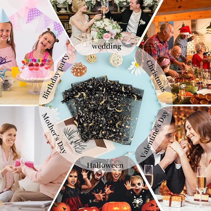 Moon Star Organza Bags 4x6 Small Mesh Bag Drawstring 50 Pcs Mesh Gift Bags Drawstring Pouch Wedding Favor Bags Jewelry Pouches Bulk Gift Pouch for Candy Soaps Birthday Festival Party Supplies, Black
