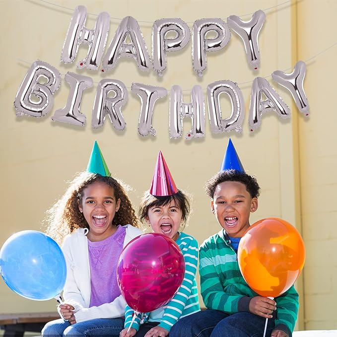 Accevo Silver Happy Birthday Balloon 16 Inch Mylar Foil Letters Balloons Happy Birthday Banner for Kids Child Adults Boys Girls Happy Birthday Sign Birthday Party Decorations Supplies