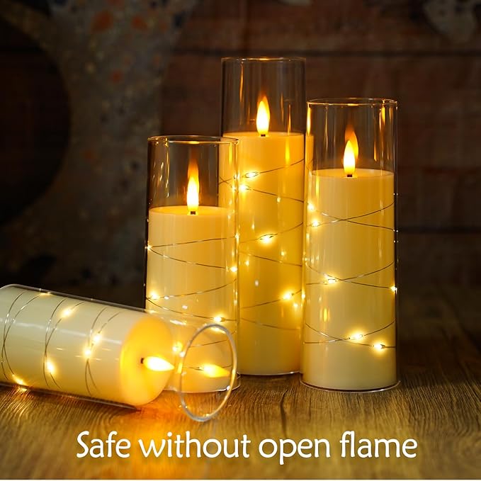 Flameless Candles with Embedded Star String, Battery Operated LED Pillar Candles with Timer and Remote Control,Home Decorating for Ambiance, Set of 7(Ivory)