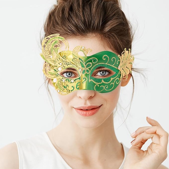 2025 New Green Masquerade Mask for Women-Butterfly Mardi Gras Mask - Peacock Metal Filigree Lady Masquerade Venetian Masks-Perfect for Halloween Parties, Costume Party, Carnivals, Wedding
