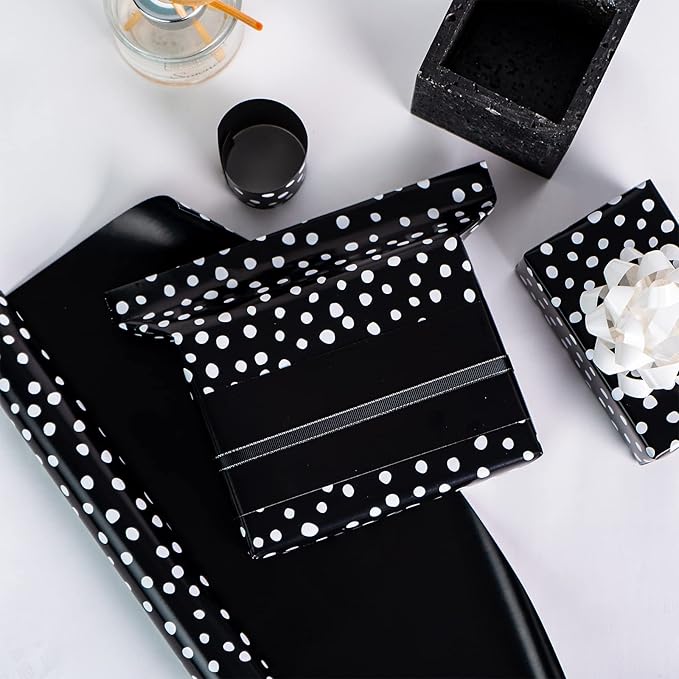 WRAPAHOLIC Reversible Wrapping Paper - Mini Roll - 17 Inch X 33 Feet - Black and Delicate Polka Dots Design for Birthday, Holiday, Wedding, Baby Shower