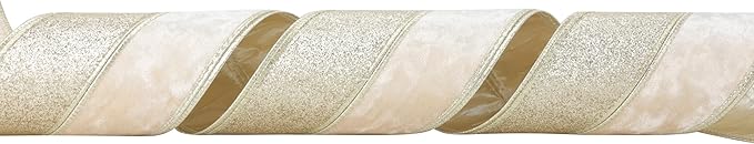 Champagne Velvet and Glitter Wired Christmas Ribbon 4 Inch – 10-Yards Roll for Tree Decorations, Gift Wrapping, Wreaths, and DIY Crafts