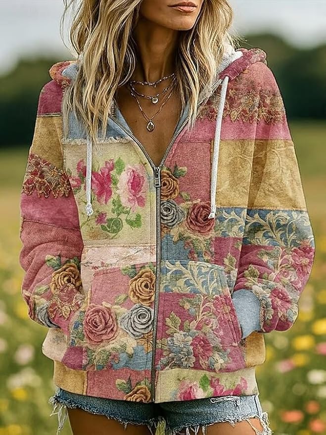 OSCORP Women’s Boho Patchwork Floral Embroidered Hoodie, Vintage Mixed Pullover Sweatshirt with Drawstring for Fall Winter