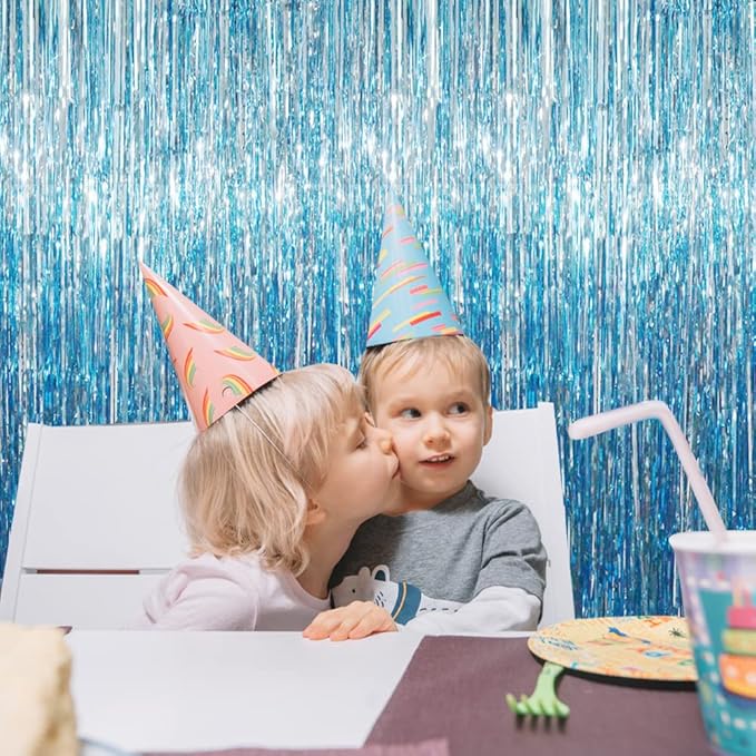 GOER 3.2 ft x 8.2 ft Metallic Tinsel Foil Fringe Curtains Party Photo Backdrop Party Streamers for Birthday,Graduation,New Year Eve Decorations Wedding Decor (4 Packs,Blue)