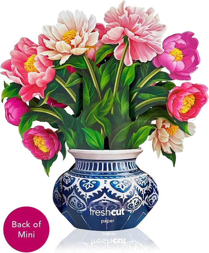 Freshcut Paper Pop Up Cards, Mini Peony Paradise, 6 Inch Mini Sized Forever Flower Bouquet 3D Popup Greeting Cards, Birthday Cards, Thank You Card, Blank Notecard & Envelope