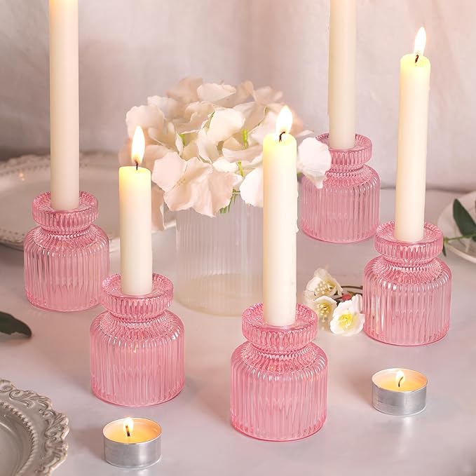 DARJEN 12 Pcs Glass Candlestick Holders- Pink Taper Candlestick Holders Tealight Votive Candle Holders for Table Centerpieces, Wedding, Dinner Party, Home Decor