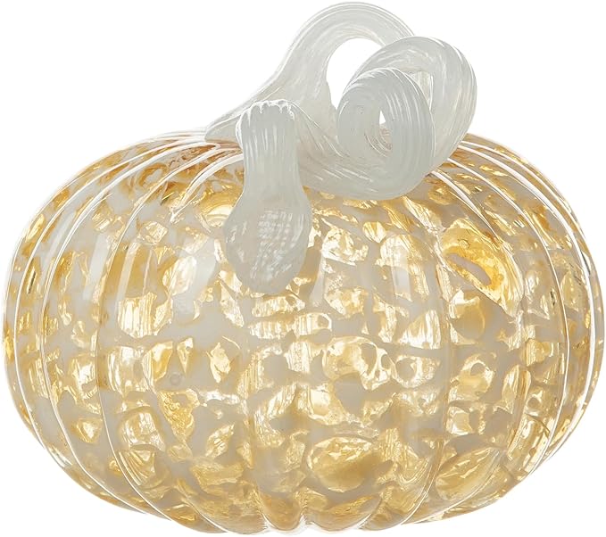 Glitzhome Hand Blown Glass Pumpkin Decor 5" Amber - Artisan Fall Harvest Thanksgiving Table Centerpiece Halloween Home Decor