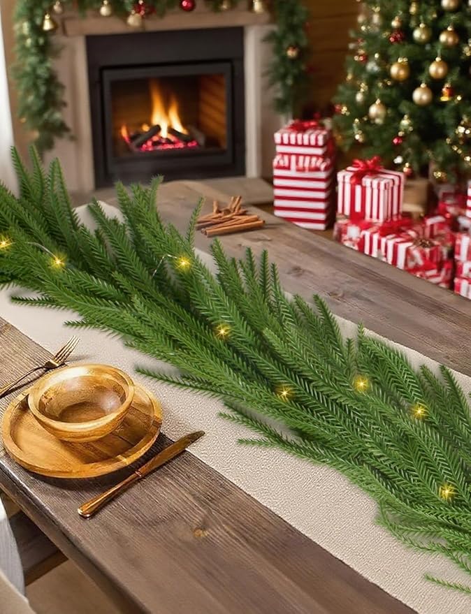 Premium 30% Fuller 6 Ft Artificial Norfolk Pine Garlands with Lights, Real Touch Winter Pine Garland, for Staircase, Table, Mantle, Wall, Indoor, Outdoor Christmas Decorations, Flower Arranging
