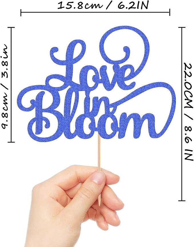 Love in Bloom Cake Topper - Glitter Dark Blue Bridal Shower Cake Decoration, Wedding & Engagement Cake Pick (Dark Blue)