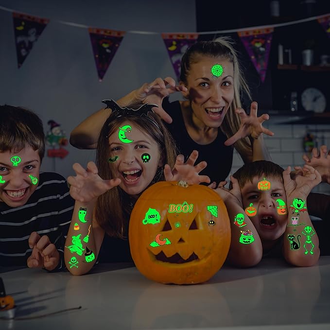 145 Styles Halloween Tattoos for Kids, 12PCS Halloween Luminous Tattoos, Glow in Dark Ghosts Pumpkin Fake Temporary Tattoos Stickers Bulk for Halloween Party Favors Accessories Supplies