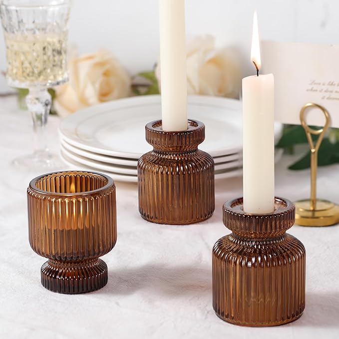 DARJEN 12 Pcs Glass Candlestick Holders- Amber Taper Candlestick Holders Tealight Votive Candle Holders for Table Centerpieces, Wedding, Dinner Party, Home Decor