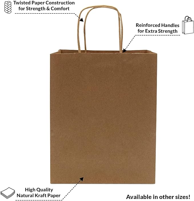 Prime Line Packaging Brown Paper Bags with Handles, Kraft Gift Bags for Small Business, Shopping, Retail Store, Boutique, Merchandise, Bulk, 8x4x10, 100 Pack