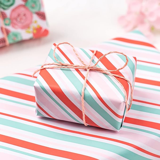 WRAPAHOLIC Reversible Floral Wrapping Paper - Mini Roll - 17 Inch X 33 Feet - Peach Pink Floral Design for Birthday, Mother's Day, Wedding, Baby Shower