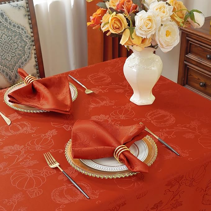 SASTYBALE Thanksgiving Tablecloths for Rectangle Tables Jacquard Fall Table Cloth with Pumpkins and Vines Stain Resistant Table Cover for Autumn Harvest, Dining, Party Decor (60 x 102 Inch, Red Rust)
