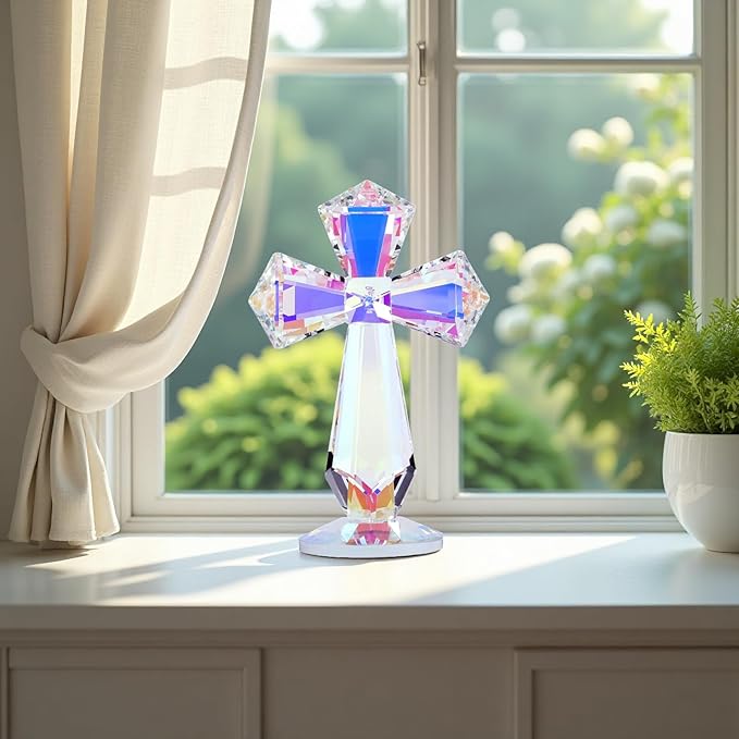Crystal Glass Standing Cross Decor, Easter Christmas Decoration for Pary dad man,Religious Gifts for Women Men Father Mother, Handmade Glass Holy Collectible Figurines (Multicolor Crystal Cross)