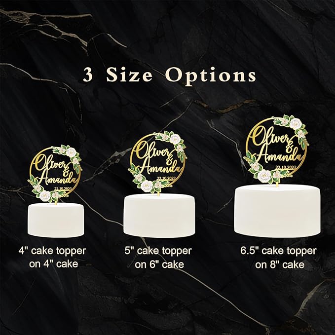 Personalized Wedding Cake Topper in Acrylic Custom Bride & Groom Name & Date Cake Decoration Printed with Flowers & Green Leaves