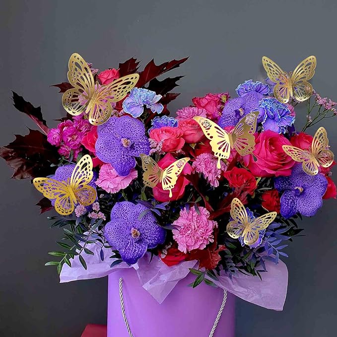 Gold Butterfly Decorations 48Pcs 2 Styles 3 Sizes 3D Paper Butterflies Stickers Wall Decor for Cake Cupcake Toppers Golden Graduation Grad Cap Decals for Birthday Party Baby Shower Kids Girl Room