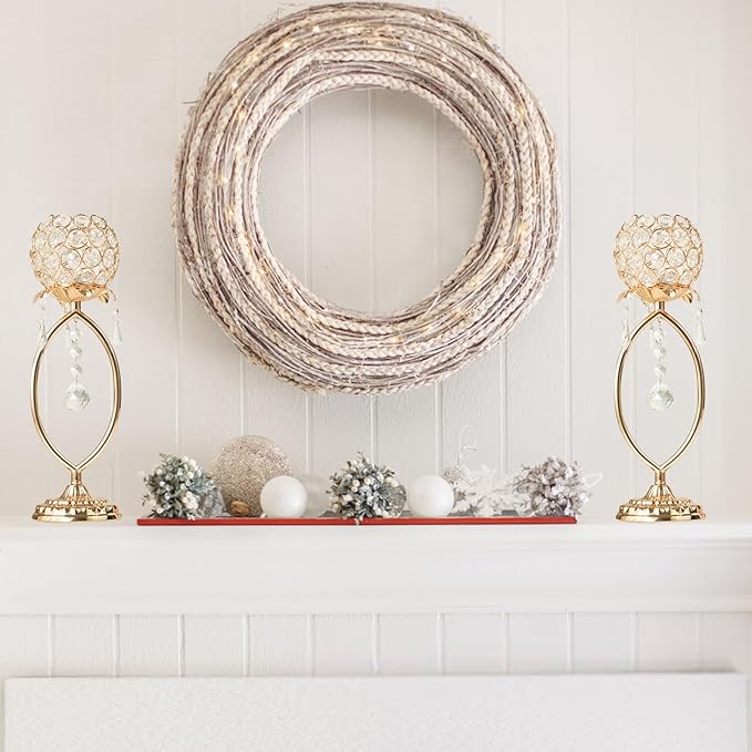 2 Pcs Gold Elegant Metal Crystal Tea Light Candle Holders with Bling Crystal Pendants, Hollow Design - Wedding Table Centerpieces for Anniversary Birthday Party, Home Decor