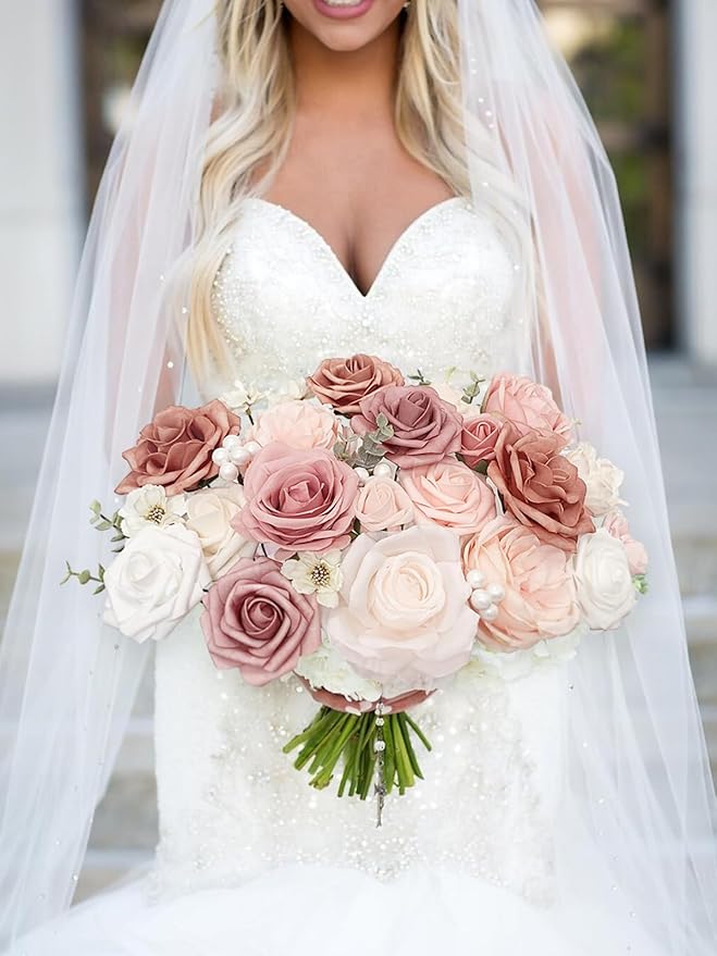 Pink Rose Artificial Flowers Dusty Fake Flower with Stems Bulk for DIY Wedding Bouquets Bridal Baby Shower Centerpiece Table Decorations Silk Faux Floral Arrangements Party Home Decor Indoor