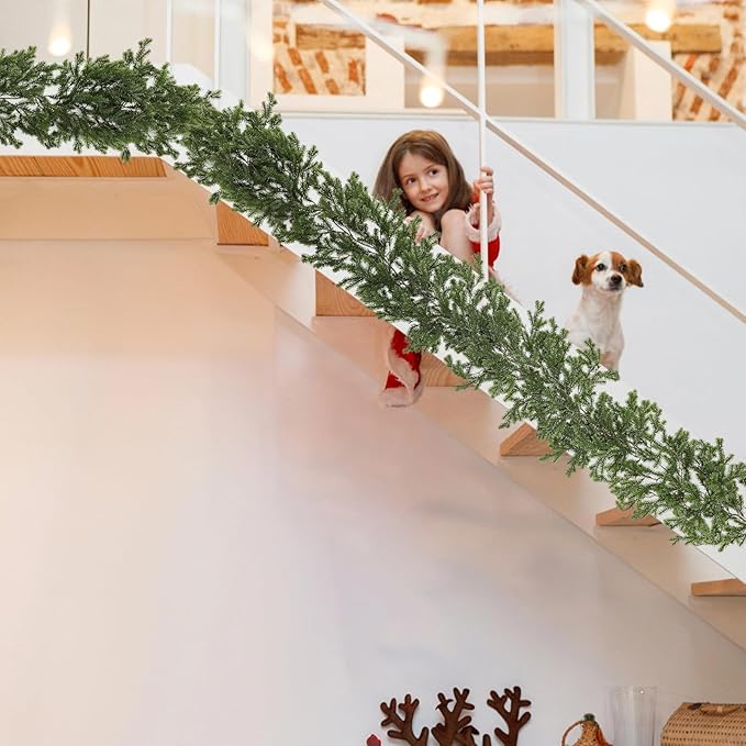 6FT Christmas Cedar Garland Realistic with Soft Pine Needles, Faux Greenery Pine Garland for Mantle Fireplace Staircase