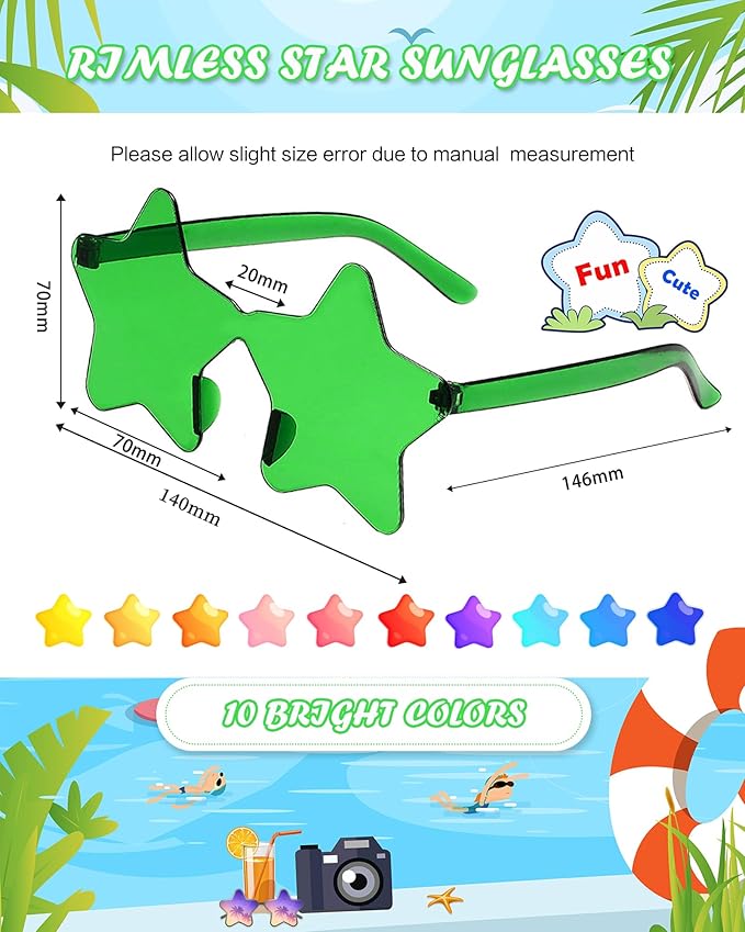 20 Pairs Rimless Star Sunglasses Bulk Transparent Candy Color Star Glasses for Women Men Party Favors