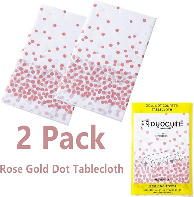 108"x54" 2 Packs Rose Gold White Tablecloth for Parties Rectangle Table, Dot Confetti Rectangular Plastic Table Cover, Thanksgiving Christmas, Wedding, Anniversary, Baby Shower, Birthday