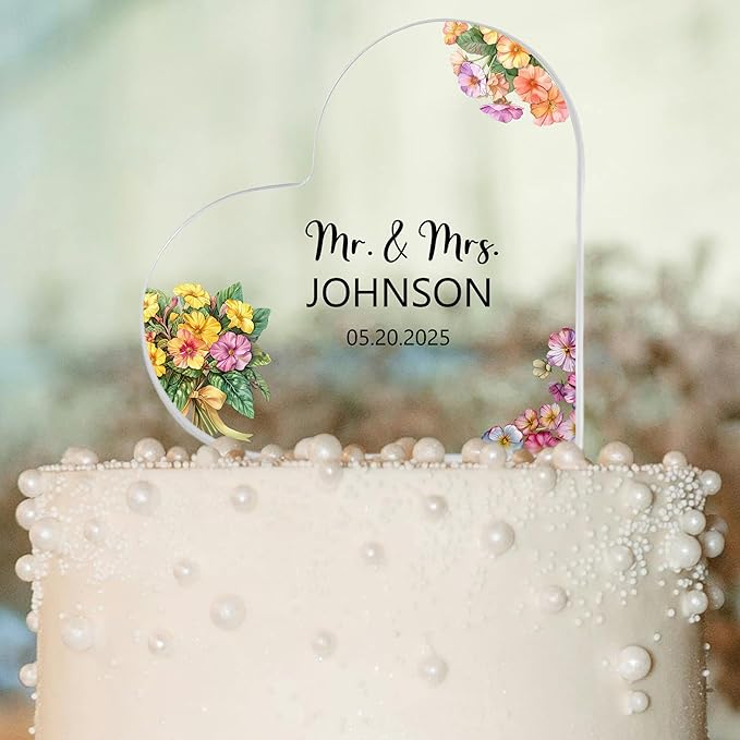 Custom Wedding Heart Acrylic Plaque,Mr & Mrs Cake Topper,Personalized Wedding Keepsake/Gift/Sign (Style 14)