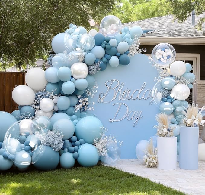 Dusty Blue and White Balloons Garland Double Stuffed Pearl Light Blue Bobo Balloon Arch Kit for Birthday Baby Shower Wedding Bridal Cinderella Frozen Winter Party Decorations