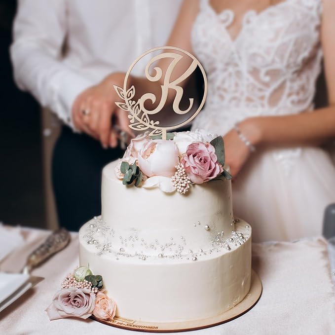 LINGTEER Personalized Inital Letter K Wooden Cake Topper Perfect for Birthday Rustic Wedding Anniversary Party Keepsake Decoration